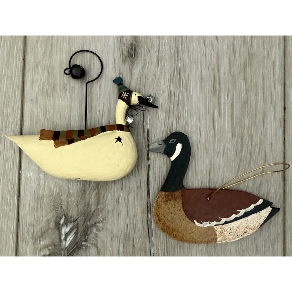 Lot Of 2 Goose Duck Christmas Ornaments Ceramic Wood